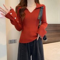 Áo mặc trong dệt kim cổ bẻ Polo màu đỏ áo len mặc trong phong cách Tây mẫu mới thu đông cho nữ