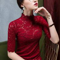 Áo mặc trong ren cộc tay Áo sơ mi khoét lỗ mùa hè cho nữ áo voan lưới ngắn tay cổ đứng cao cấp phối trong màu trắng