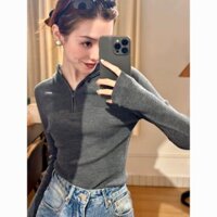 Áo mặc trong sang trọng độc đáo liền mũ khóa nửa màu xám Jiashucheng Áo dệt kim tôn dáng phối bên trong nhung Đức mẫu mới thu đông cho nữ