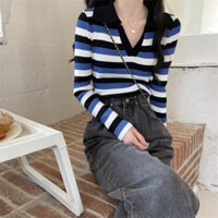 Áo mặc trong tháng 2 và tháng 8 Áo Thun Kẻ Sọc Kiểu Mới Áo dệt kim áo phong cách Tây Nữ Áo polo trễ vai tôn dáng bo eo