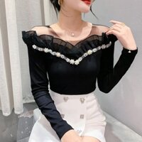 Áo mặc trong tôn dáng cổ ngang mẫu HOT HOT trên mạng áo trễ vai dài tay cho nữ áo thun khâu lưới viền bèo kiểu Tây