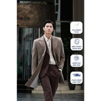 Áo Măng Tô Nam Genltehome màu nâu hoạ tiết xương cá, chất liệu dạ lông cừu cao cấp