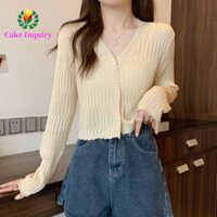 Áo mỏng mùa hè SAHRAI, Áo len đan móc mỏng, Áo sơ mi dài tay cổ chữ V chống nắng trơn cho nữ