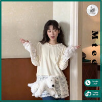 Áo mỏng thu đông màu kem Mtee gấu ren, Áo thun dài tay cổ tròn form dễ thương