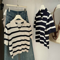 Áo montoghi mỏng cổ mở kẻ ngang