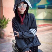 Áo Nắng Mũ 2 Lớp Thời Trang Nam Nữ phối 3 vạch tay Tai Thỏ Trên Mũ Siêu Hot 2024