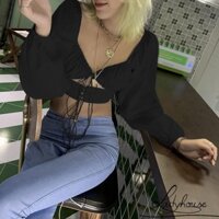 Áo ngắn tay dài tay dành cho nữ LD-Áo cổ chữ V gợi cảm buộc dây màu trơn Áo ngắn ngọt ngào