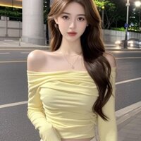 Áo ngắn thanh lịch tay dài màu vàng kem, kiểu dáng ôm sát, không vai