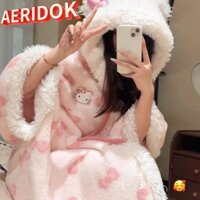 Áo ngủ mùa đông AERIDOK, Áo choàng có mũ trùm đầu sang trọng Hello Kittys, Đồ ngủ mềm mại giải trí bằng lông cừu san hô ấm áp