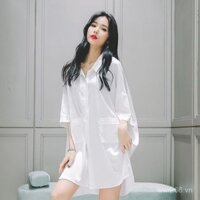 Áo ngủ sexy cho phụ nữ, váy midi chiffon tay ngắn, mùa hè, rộng rãi, màu trắng thuần khiết, phong cách bạn trai, áo sơ mi, phong cách cung điện, đồ mặc trong nhà