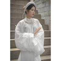 Áo ngũ thân nữ, áo tấc tay thụng xước kim tuyến trắng| Việt Phục Hương Giang