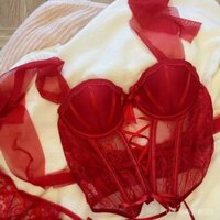 Áo ngực xương cá màu đỏ ren kiểu Pháp Áo vest tôn dáng Hot Girl phong cách Ballet gợi cảm thu đông ôm ngực nhỏ mặc ngoài