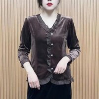 Áo nhung nữ dài tay phối ren đính cúc sang chảnh SP4