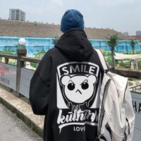 Áo nỉ bông dáng rộng có mũ, áo hoodie in hình con gấu sau lưng SMILE thời trang nam nữ trẻ trung cá tính