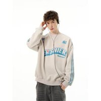 Áo nỉ chui đầu cổ tròn phối màu kiểu Mỹ, in chữ, dáng rộng oversize, có ba sọc, dành cho nam