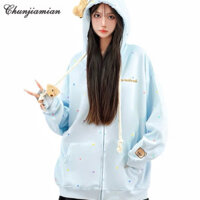 Áo nỉ có mũ trùm đầu gấu sang trọng Cardigan chấm bi Áo khoác dây kéo