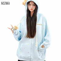 Áo nỉ có mũ trùm đầu gấu sang trọng Cardigan chấm bi Áo khoác dây kéo