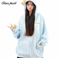 Áo nỉ có mũ trùm đầu gấu sang trọng Cardigan chấm bi Áo khoác dây kéo
