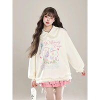 Áo nỉ form rộng ,áo sweater nỉ có cổ bẻ phối viền ren hoạ tiết dễ thương màu be dễ thương hottrend mùa đông