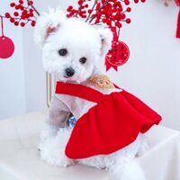 Áo nỉ kèm váy đỏ hai dây thêu mặt gấu - PC55