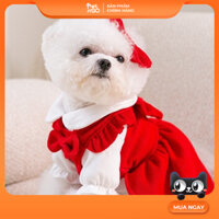 Áo Noel Áo Tết chó mèo Váy nhung tăm đỏ kèm cặp nơ