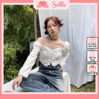 Áo nữ croptop kiểu trễ vai cúc vải trước đan dây sau lưng trắng thêu nổi sexy Hàn Quốc Sollle