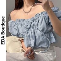 Áo nữ croptop trễ vai xanh blue mint xinh xắn - Áo croptop kiểu trễ vai thiết kế xòe thắt dây nơ - AK007