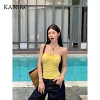 Áo Nữ Dopamine Màu Vàng Hoa Hot Girl Tube Top Đính Hạt Dây Đeo Áo Vest