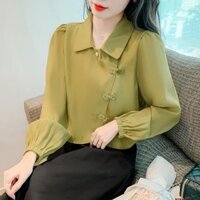 Áo Nữ Nút Đĩa Retro Áo Sơ Mi Dài Tay Phong Cách Hàn Quốc Áo Voan Nữ