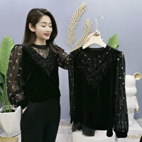 Áo Nữ Plus Size Rời Màu Đen Áo Sơ Mi Dài Tay Ren Thời Trang Phong Cách Hàn Quốc