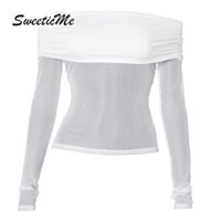 Áo nữ SweeticMe 2024 Thời trang mới lệch vai lưới xuyên thấu Áo thun dài tay nhân quả