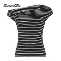 Áo nữ SweeticMe 2025 Nút thắt thời trang mới Slim Fit Áo thun sọc gợi cảm không đều