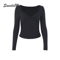 Áo Nữ SweeticMe 2025 Thời Trang Mới Cổ Chữ V Gợi Cảm Dài Tay Ôm Phù Hợp Với Tất Cả Trận Đấu Áo Thun