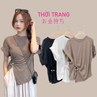 Áo nữ tay hến cổ tròn áo thun trơn eo có đính 2 viên ngọc 3120