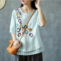 Áo nữ thêu hoa phối ren retro freesize dưới 65kg