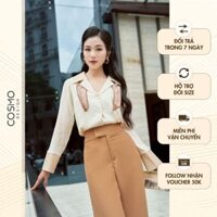 Áo nữ thiết kế dáng sơ mi kem phối cổ và măng séc be chưa kèm khăn thanh lịch sang trọng 11817