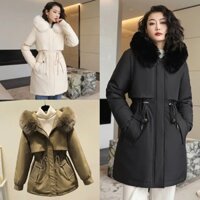 Áo packar lót lông thỏ mượt mà ấm áp, Áo khoác phao packar dáng dài rút eo form rộng dày dặn mùa đông hàn quốc