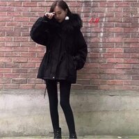 Áo parka nữ mũ lông đen lót lông cừu dây rút eo hàng cao cấp