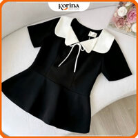 Áo Peplum Nữ cổ kép phối dây nơ cao cấp, chất vải tuyết hàn mềm mát, phong cách sang trọng thanh lịch