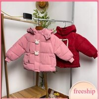 Áo phao dáng dài cho bé gái lót nỉ 3-7 tuổi họa tiết thỏ và dây thít dáng điệu đà thời trang