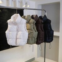 Áo Phao Gile Nữ Dáng Ngắn Chất Da Có Túi 2 Bên Áo Khoác Phao Gile Nữ Cổ Cao Có Dây Rút Áo Gile Phao