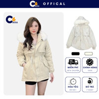 Áo Phao Parka Nữ 𝐕𝐞𝐧𝐢𝐜𝐞 Dáng Dài Kaki Rút Eo Phối Mũ Lót Lông Siêu Ấm - AP05
