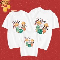 Áo phông cho gia đình cặp đôi mẹ bé mẫu Tết hoa đào chất 100% Cotton, bánh chưng Trắng , Áo thun tết