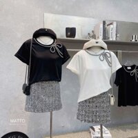 Áo phông cổ đính đá hình nơ dành cho nữ hàng cao cấp,2 màu trắng-đen12-2, mã 023, feesize giá 800k