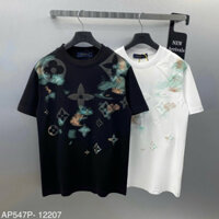 Áo phông cộc tay nam nữ premiun cotton eo vì trươc thân in dập hình LV hoa nổi in loang xanh dầy dặn boy phố