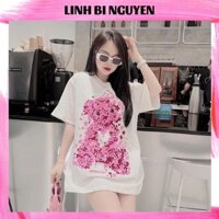 ÁO PHÔNG COTTON TRẮNG GẤU HOA DÁNG DẤU QUẦN  ÁO THUN NỮ COTTON ÁO PHÔNG THỤNG GIẤU QUẦN