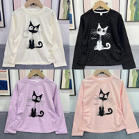 áo phông dài bé gái JANESHOP hình mèo đính ngọc trai siêu xinh 9-18kg