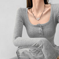 Áo Phông Dài Tay Cổ Vuông hàng cúc hở xương đòn áo hở rốn tôn dáng thon gọn tôn dáng xuân thu cho nữ áo mặc trong