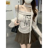 Áo phông dài tay in hoa ngang vai hot girl có ren có độ co giãn cao áo tôn dáng mẫu ngắn cảm giác thiết kế đầu thu cho nữ áo dệt LDEC