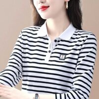 Áo phông dài tay sọc đen trắng áo mặc trong có cổ cho mẹ TRUNG NIÊN mẫu mới mùa thu cổ bẻ thuần cotton